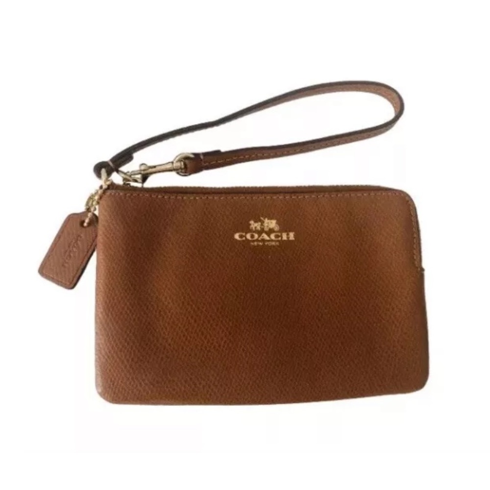 Coach Genuine Tan Leather Corner Zip Wristlet Wallet Classic